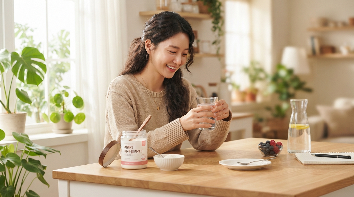 콜라겐 보충제를 보여주는 장면