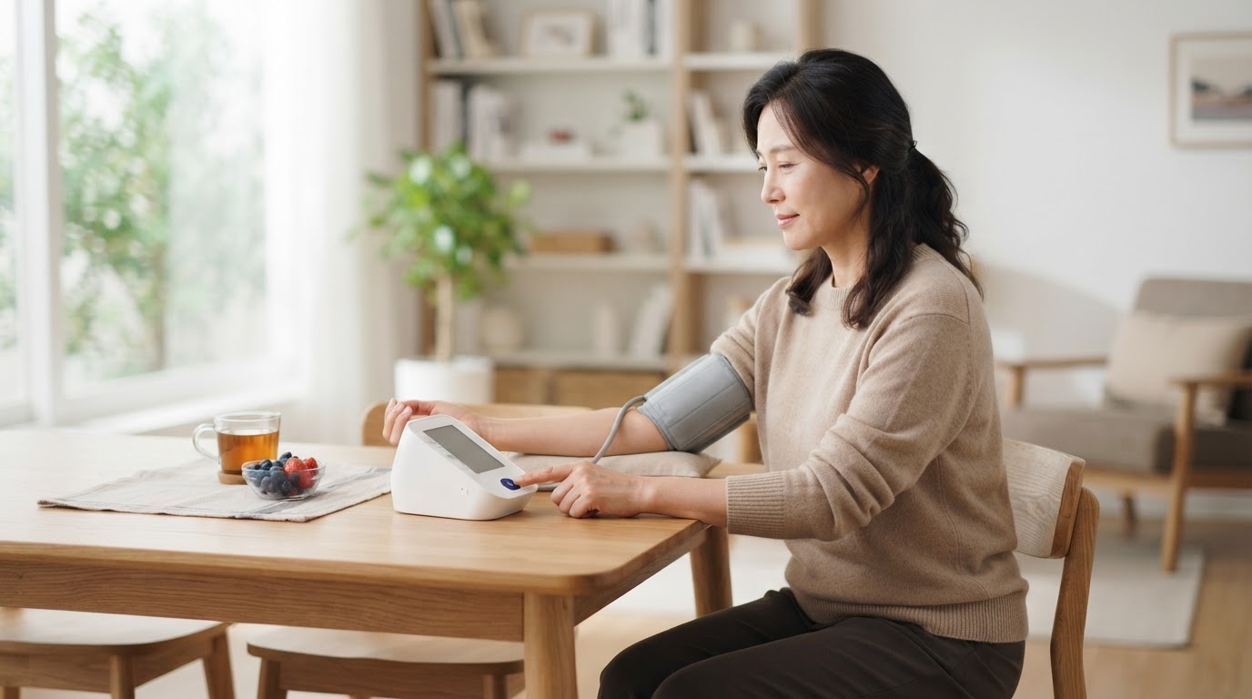 혈압계로 혈압 재는 여성