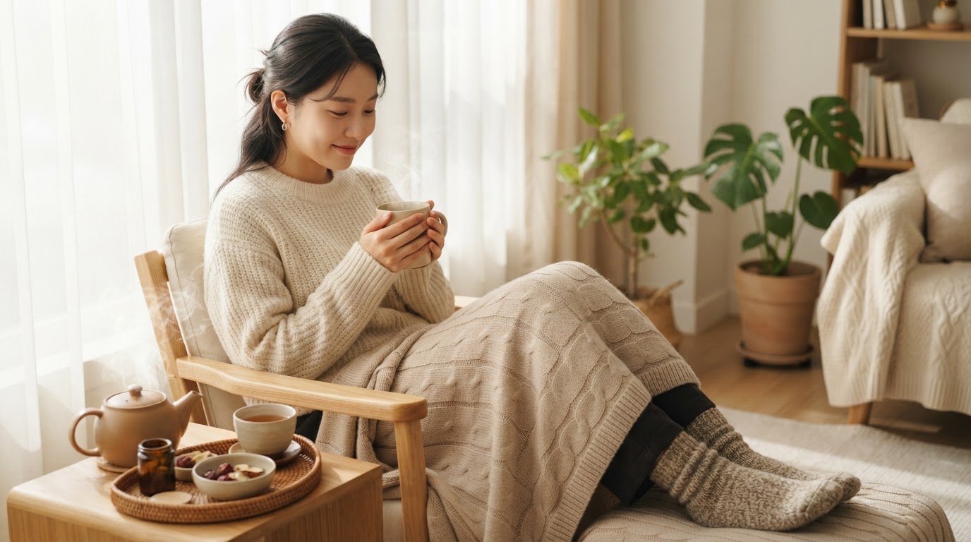 담요를 덮고 쉬는 여성