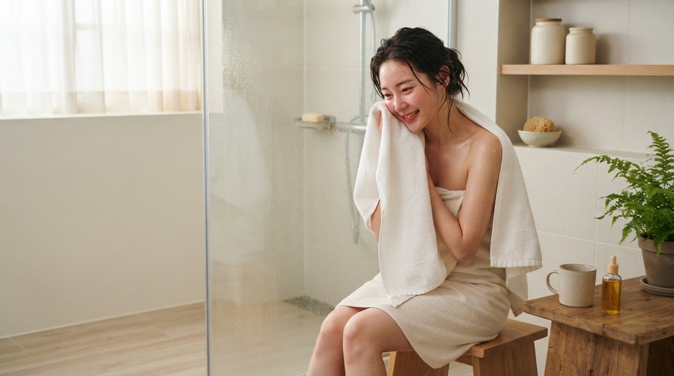 샤워 후 피부를 관리하는 사람