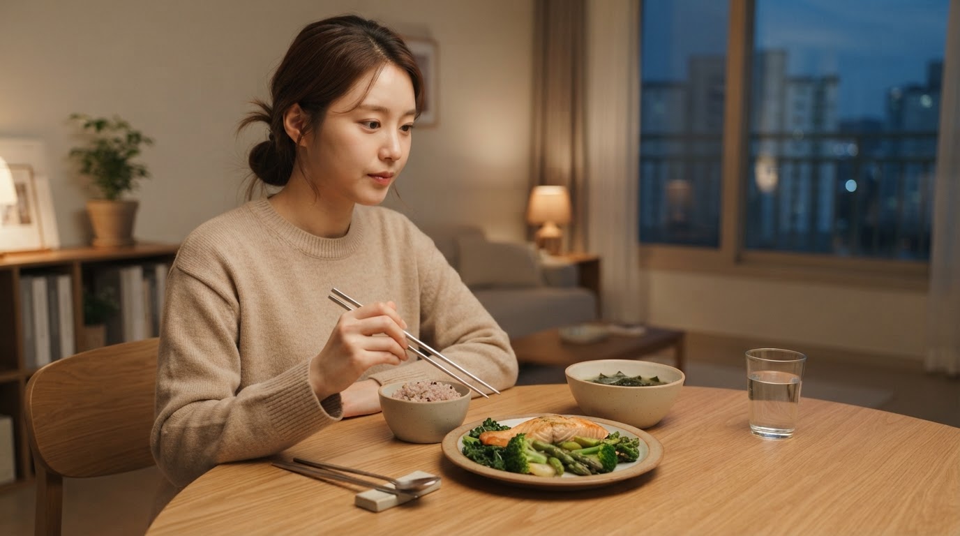 저녁 식사를 하는 여성