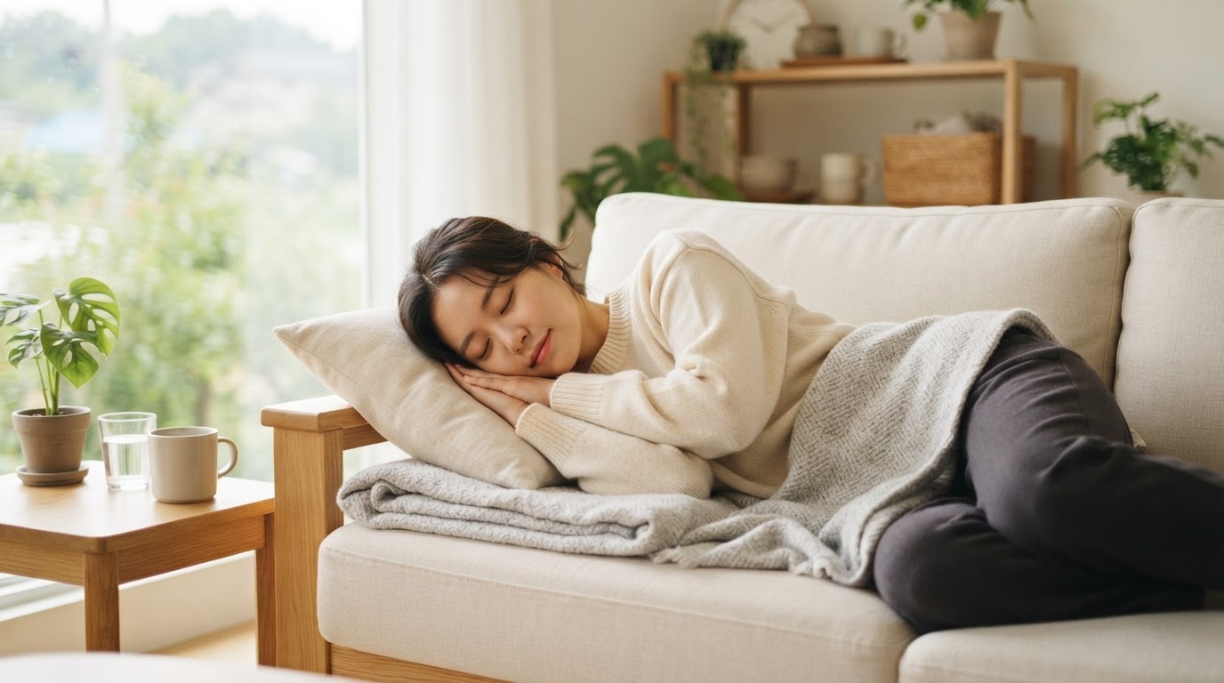 소파에서 낮잠 자는 여성