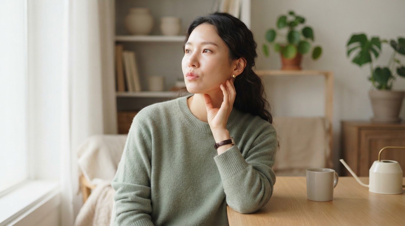 턱을 만지며 생각에 잠긴 여성