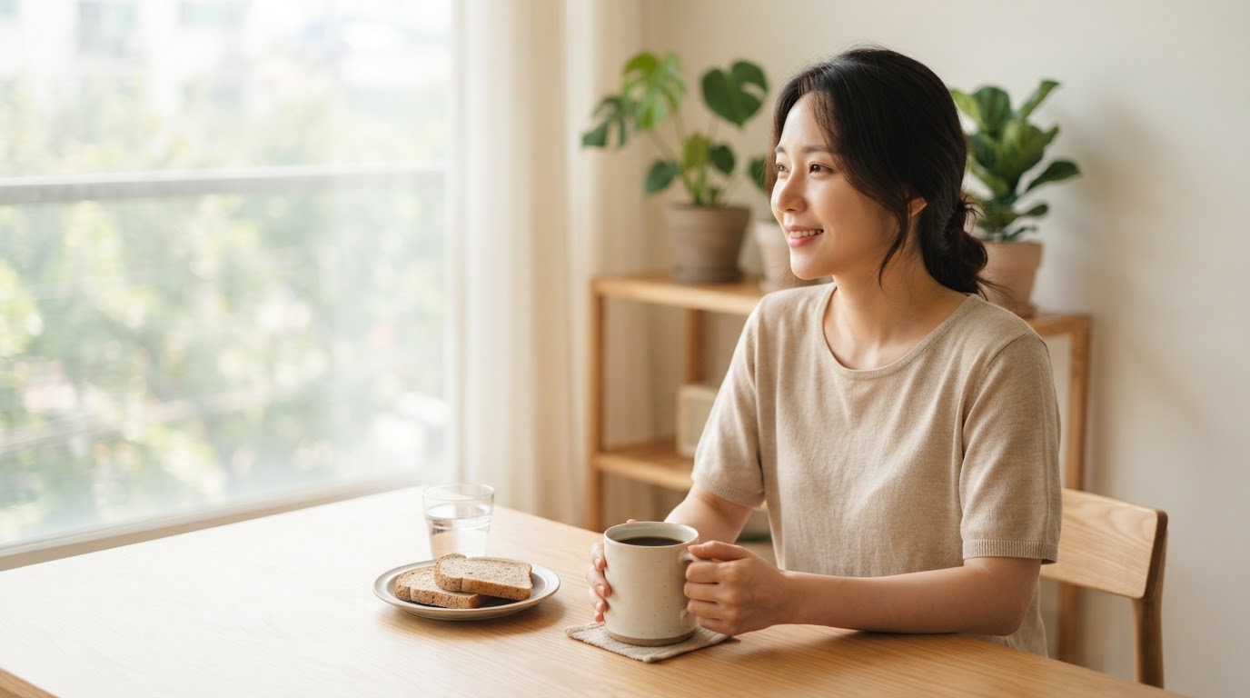 아침에 커피를 마시는 여성