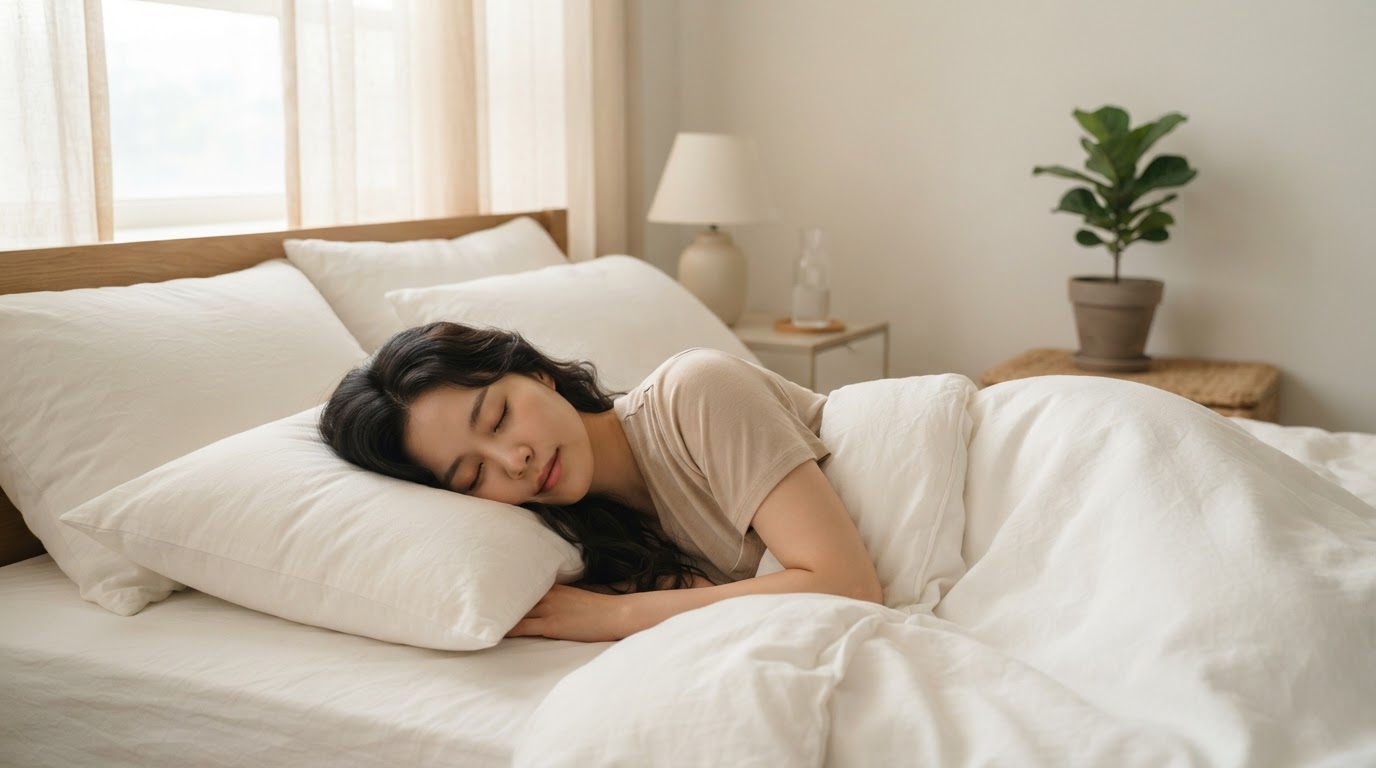 침대에서 옆으로 누워 자는 여성